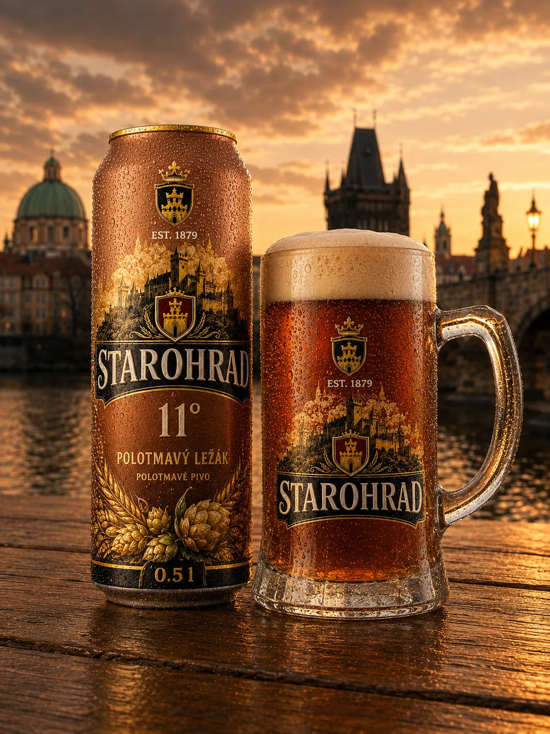 Polotmavý ležák STAROHRAD — can and glass