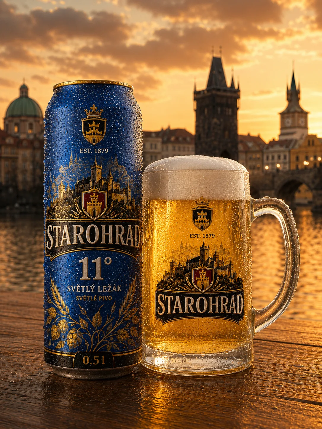 Světlý ležák STAROHRAD — can and glass