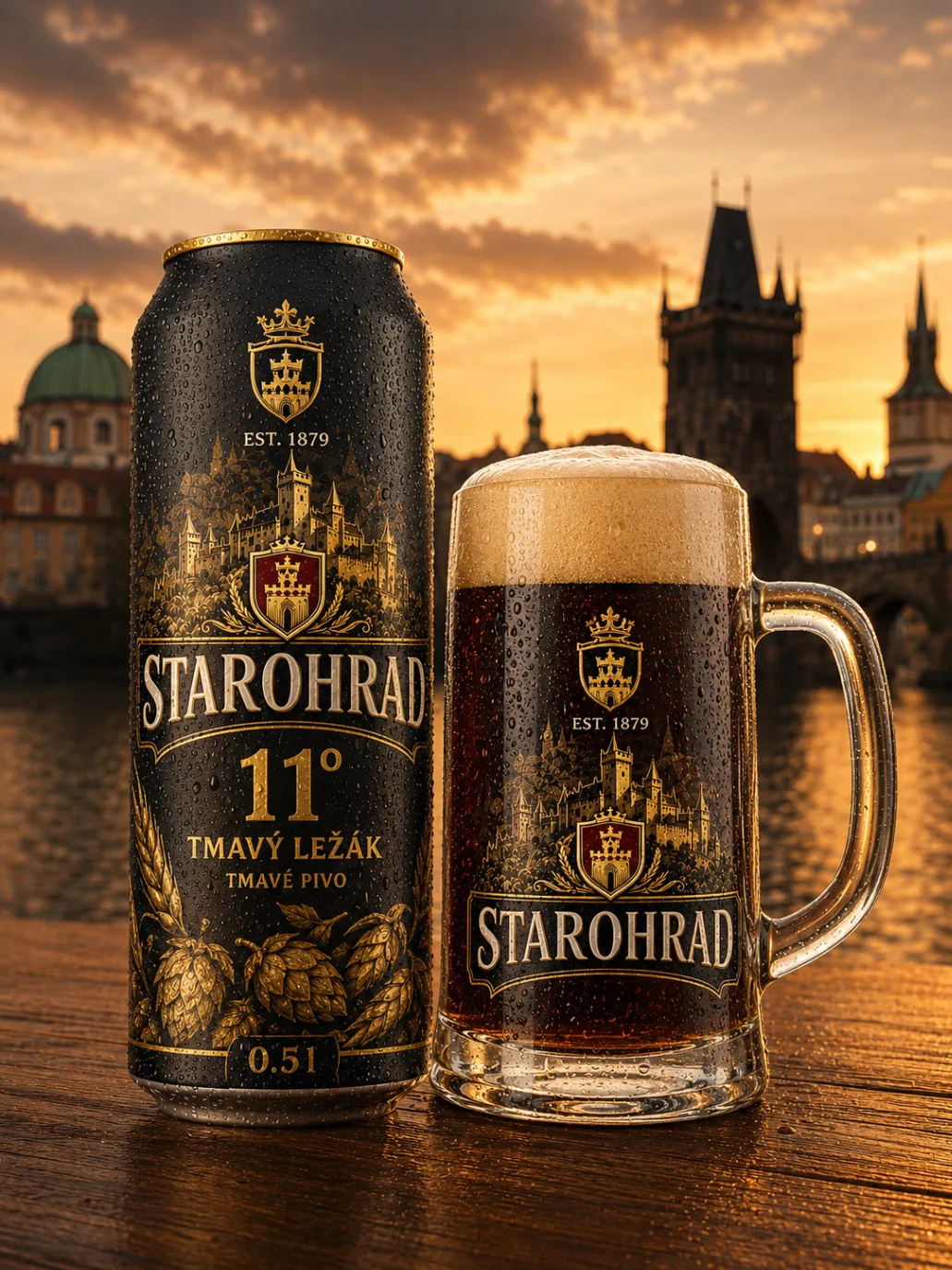 Tmavý ležák STAROHRAD — can and glass