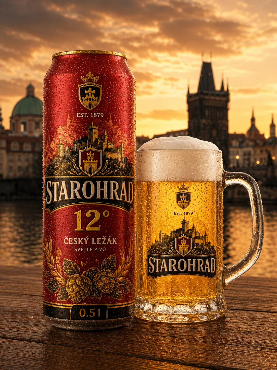 Český ležák STAROHRAD — can and glass
