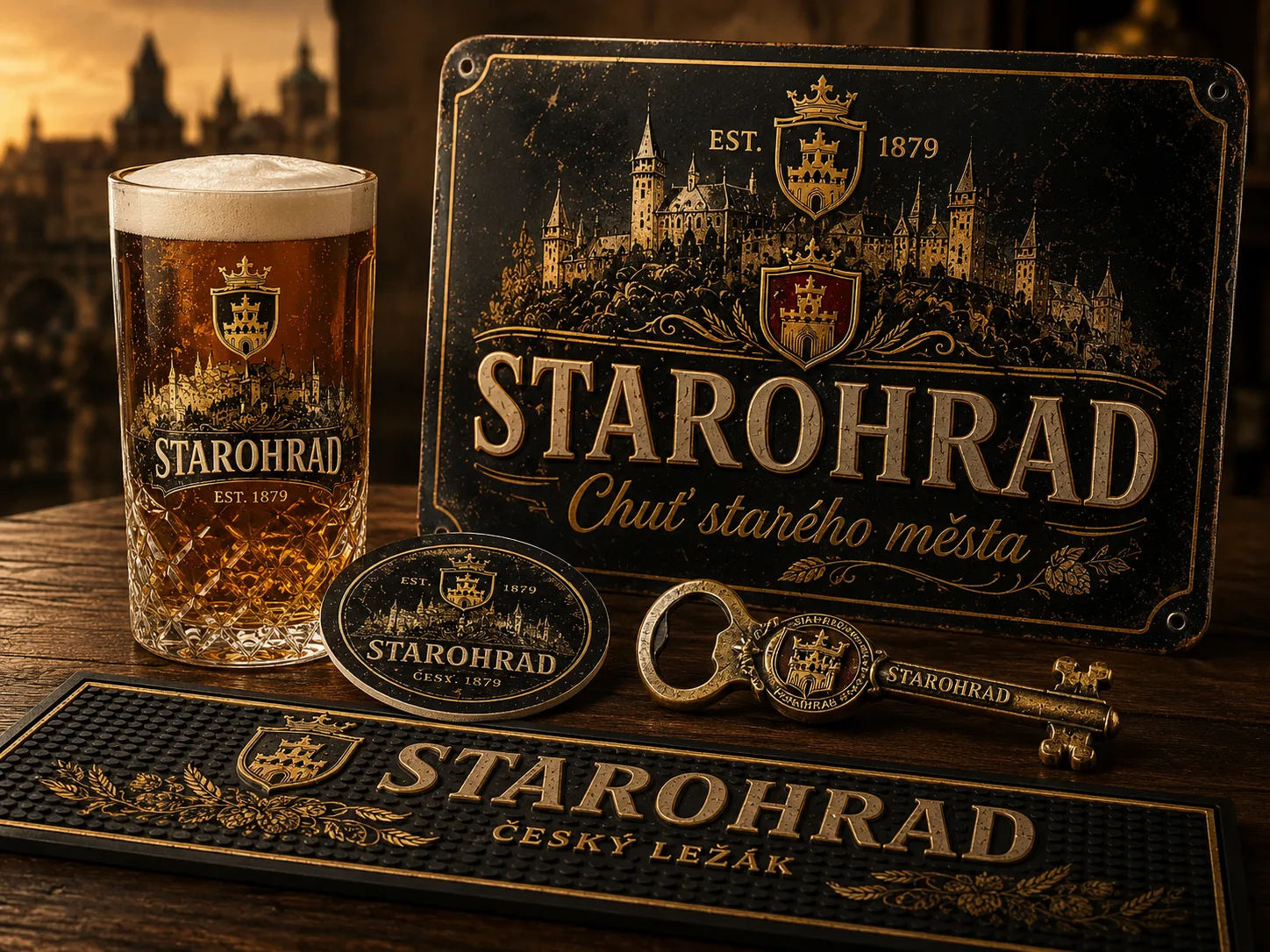 STAROHRAD branded items: glass, sign, coaster, opener and bar mat